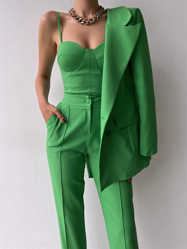 Kuplu Bluz Blazer Ceket & Pantolon Adelisa Kadın Yeşil Üçlü Takım 22K000262