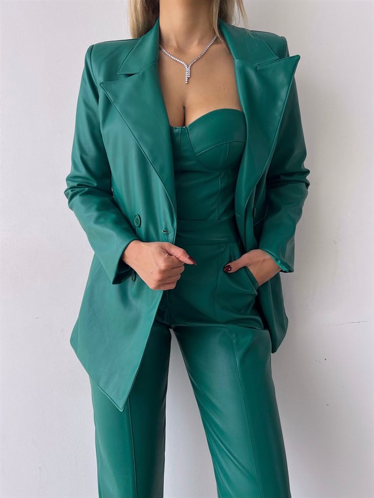 Kuplu Bluz Blazer Ceket Ve Pantolon Eline Kadın Yeşil Vegan Deri Üçlü Takım 23K000171