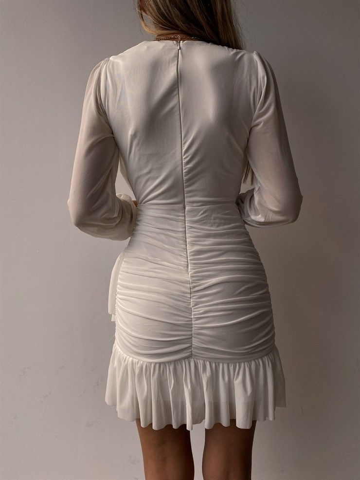 Kuruvaze Yaka Etek ucu Volanlı Şifon Irene Kadın Beyaz Mini Elbise 22K000130