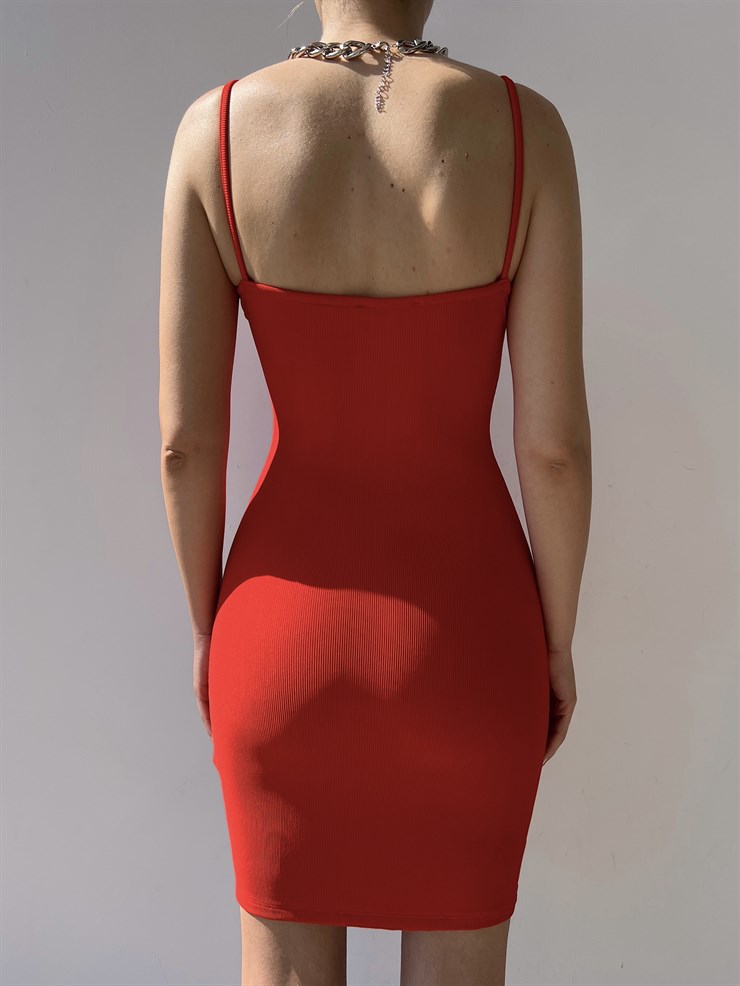 Likralı Önden Dikiş Detay İnce Askılı Eric Kadın Kırmızı Mini Elbise 22Y000293