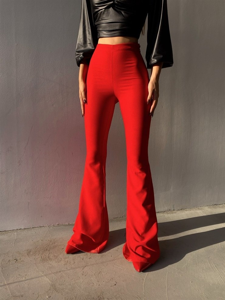Likralı Yüksek Bel İspanyol Paça Kadın Kırmızı Pantolon 22K000111