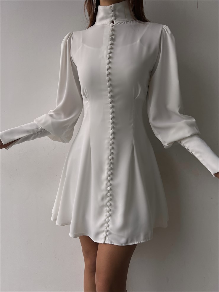 Önü Boydan Düğme Kapamalı Manşet Kol Lillesol Kadın Kısa Beyaz Elbise 23K000336
