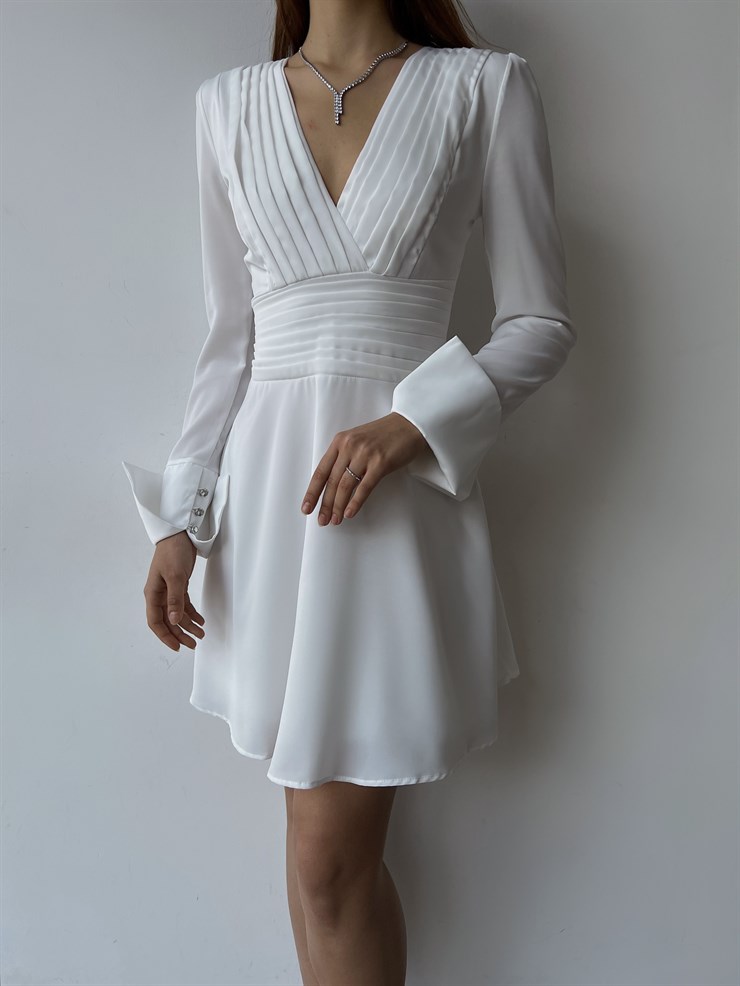 Kruvaze Yaka Eteği Volanlı Uzun Kol Maya Kadın Beyaz Elbise 23K000372