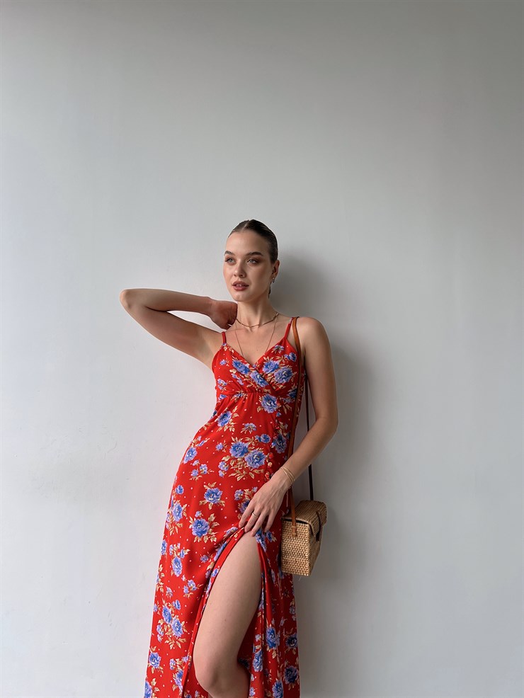 Midi Boy Çiçekli Kruvaze Yaka Yırtmaçlı Ruber Kadın Kırmızı Elbise 22Y000357