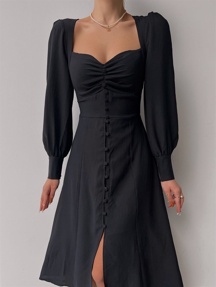 Midi Boydan Düğme Detaylı Kalp Yaka Dionis Kadın Siyah Elbise 22K000450