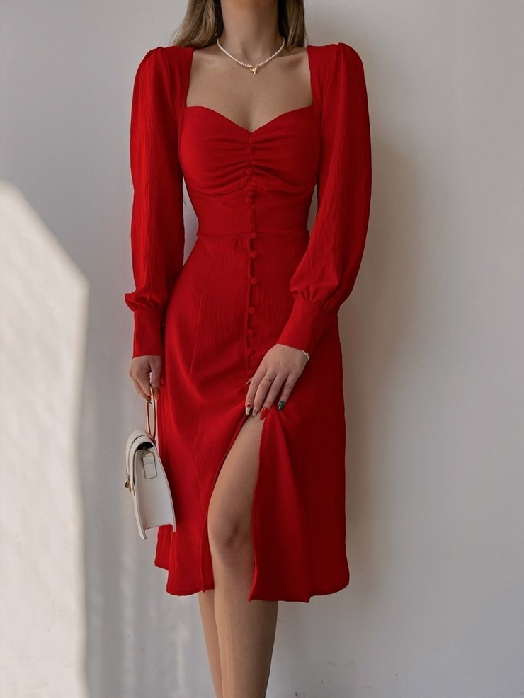 Midi Boydan Düğme Detaylı Kalp Yaka Dionis Kadın Kırmızı Elbise 22K000450