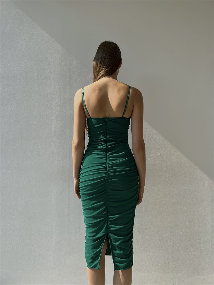 Midi Göğüs Kuplu Büzgülü Mellona Kadın Yeşil Kalem Elbise Elbise 22Y000326