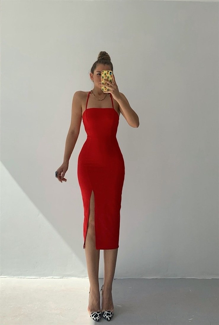 Midi Sırtı Çapraz İp Dekolte Yırtmaçlı Giovany Kadın Kırmızı Elbise 22K000539