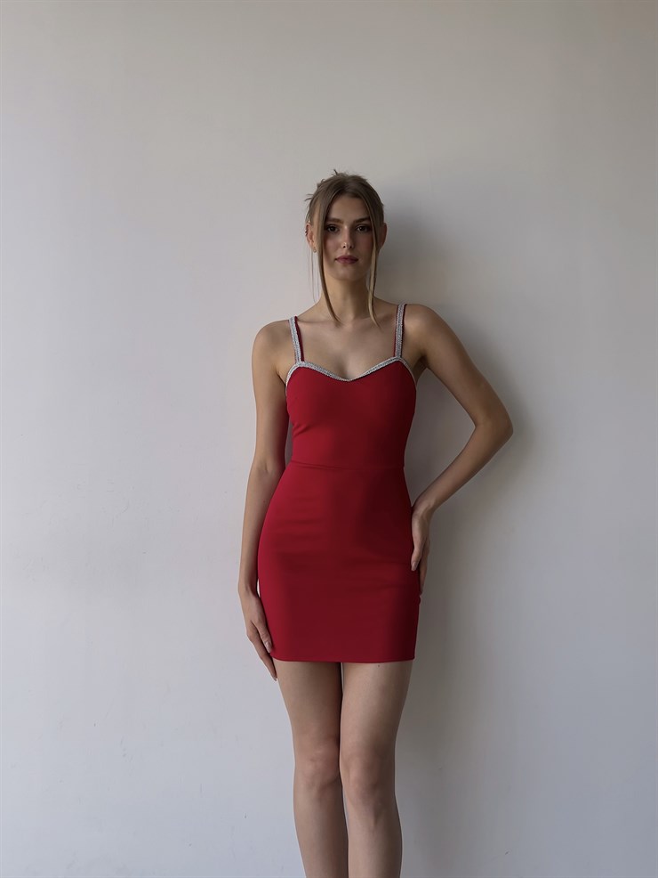 Mini Şerit Detay Askılı Likralı Norma Kadın Kırmızı Elbise 22K000588