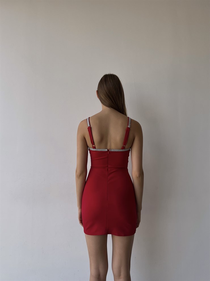 Mini Şerit Detay Askılı Likralı Norma Kadın Kırmızı Elbise 22K000588
