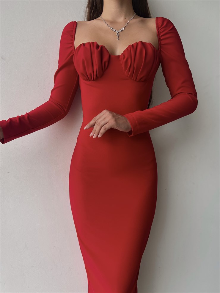 Omuz Lastik Kol Göğüs Büzgü Detay Bernardo Kadın Kırmızı Midi Boy Elbise 23K000128