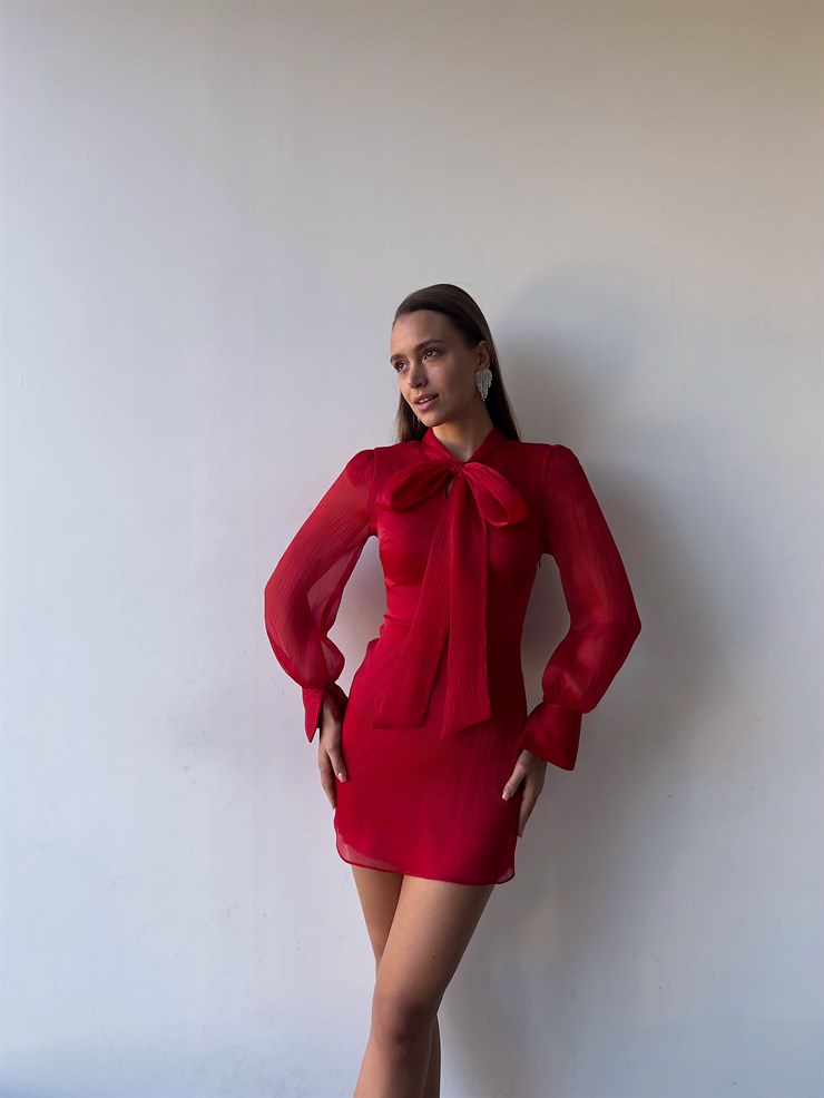 Önü Kurdele Bağlamalı Uzun Tül Kol Willie Kadın Kırmızı Mini Elbise 23K000178