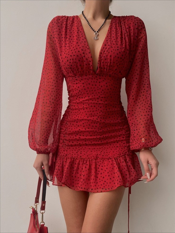 Poantiyeli Eteği Volanlı Janina Kadın Kırmızı Şifon Elbise 22K000411