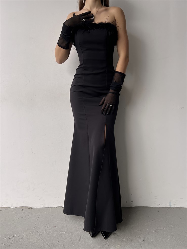 Straplez Göğüs Kısmı Tüy Detay Yırtmaçlı Poppy Kadın Siyah Elbise 23K000371