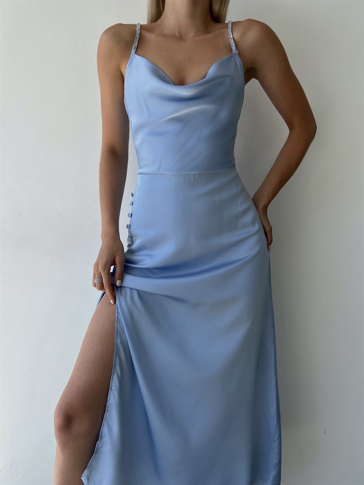 Saten Degaje Yaka Yanı Düğme Detaylı Yırtmaçlı Libor Kadın Mavi Elbise 22Y000452