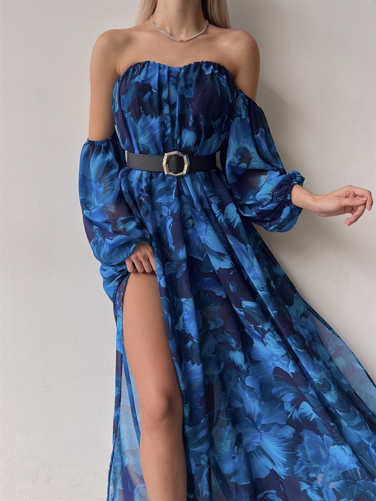 Şifon Çift Yırtmaçlı Göğüs Kuplu Lorenz Kadın Mavi Uzun Elbise 22Y000493
