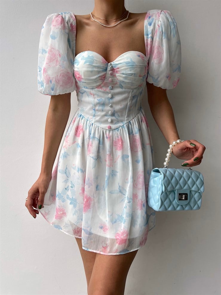 Şifon Kalp Yaka Düğme Detaylı Spiros Kadın Şeker Pembe Mini Elbise 22Y000320