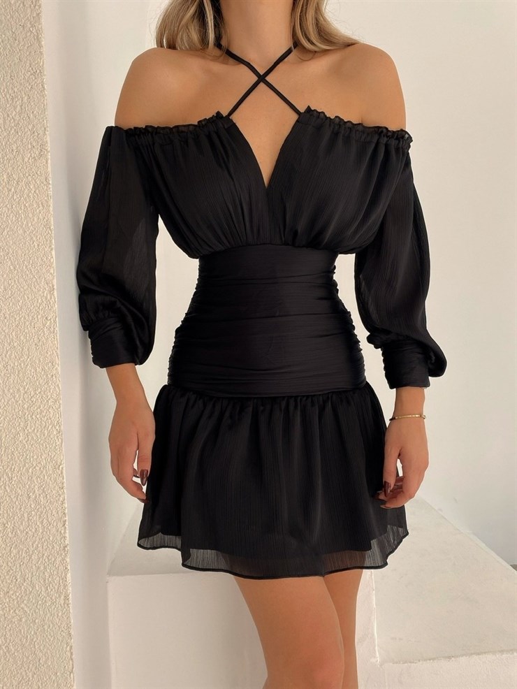 Şifon Kayık Yaka Eteği Volanlı Juliet Kadın Siyah Mini Elbise 22K000261