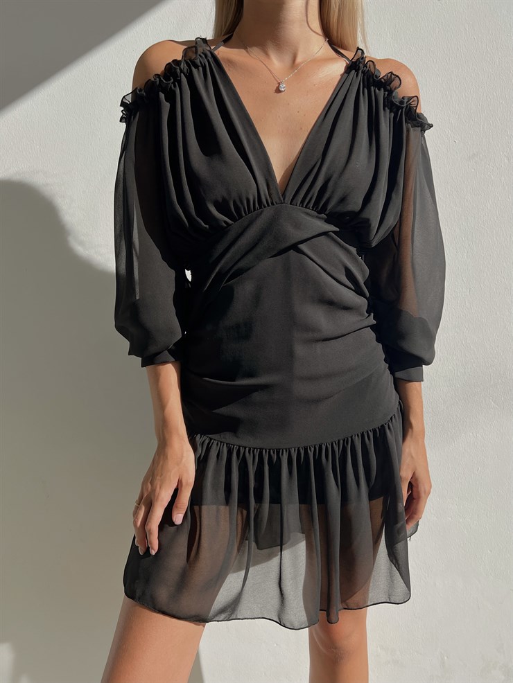 Şifon Omuz Ve Göğüs Dekolteli Volanlı Olimpio Kadın Siyah Mini Elbise 22Y000501