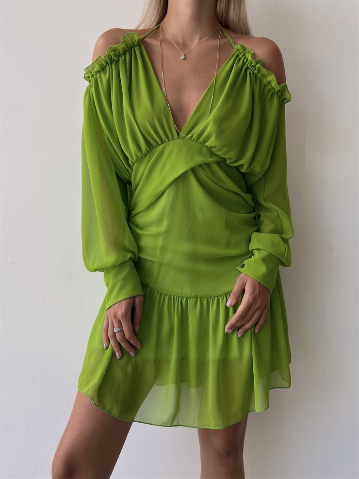 Şifon Omuz Ve Göğüs Dekolteli Volanlı Olimpio Kadın Fıstık Yeşili Mini Elbise 22Y000501