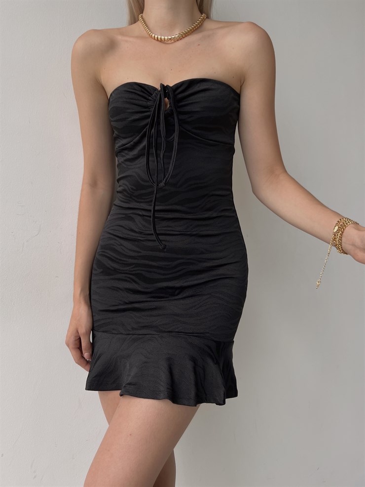 Straplez Göğüsü Bağcıklı Volanlı Streç Model Titanius Kadın Siyah Elbise 22Y000389