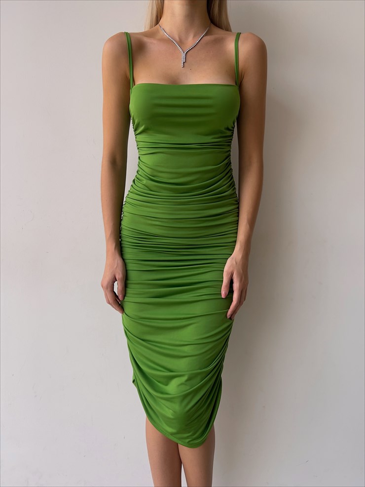 Streç İnce Askı Drapeli Taniya Kadın Yeşil Kalem Elbise 22Y000230