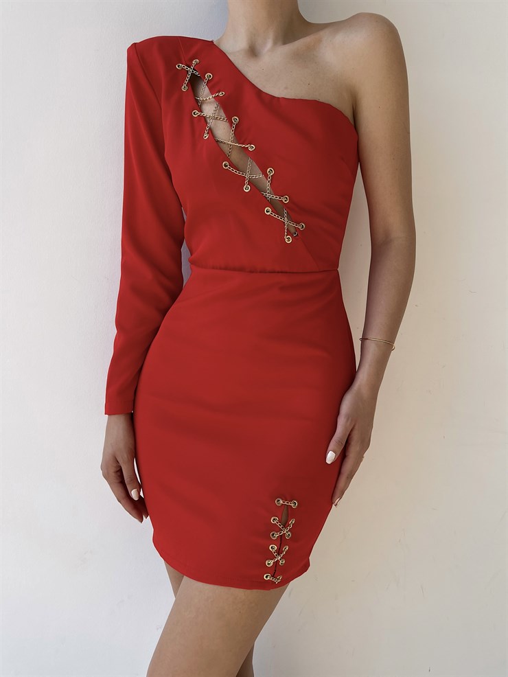 Tek Kol Göğüs Ve Yırtmaç Zincir Deaylı Gonzalo Kadın Kırmızı Elbise 22Y000289