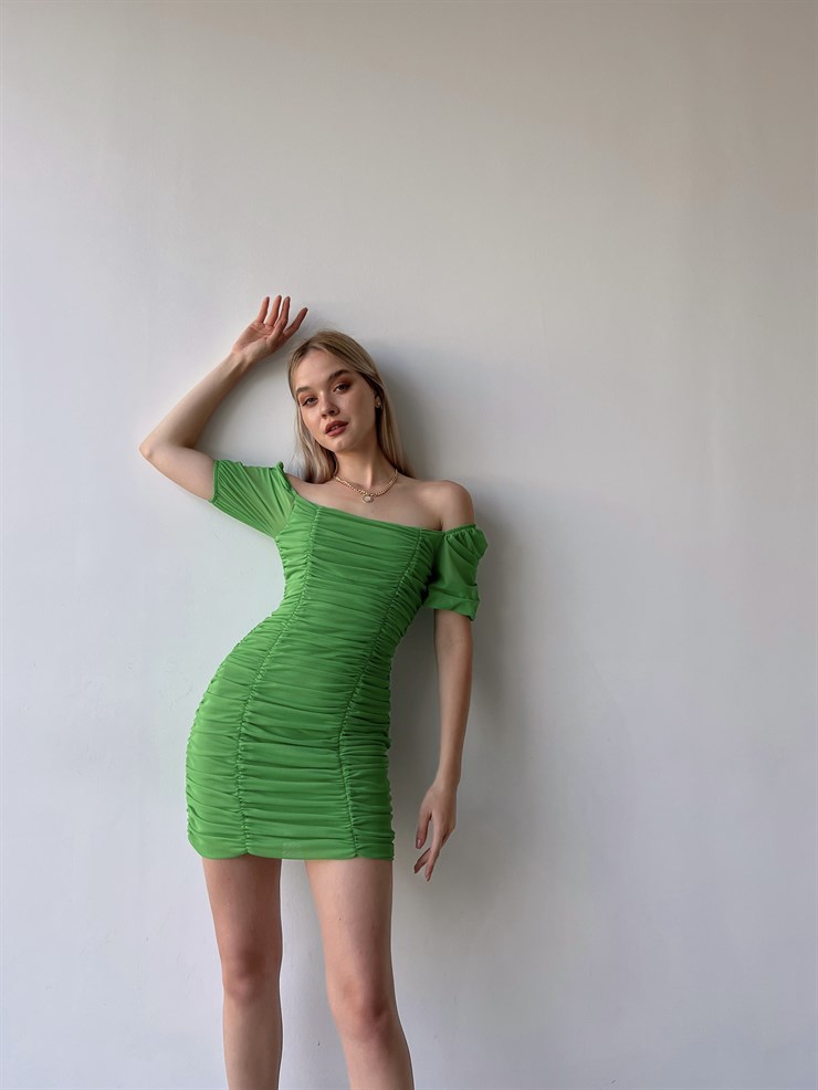 Tül Açık Omuz Drapeli Celino Kadın Yeşil Mini Elbise 22Y000340