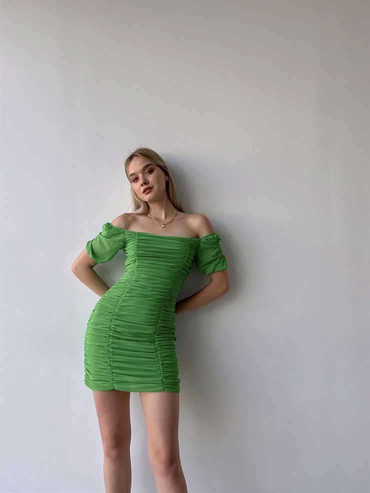 Tül Açık Omuz Drapeli Celino Kadın Yeşil Mini Elbise 22Y000340