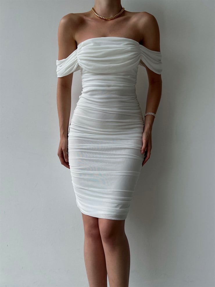 Tül Kumaş Drapeli Arkadan Yırtmaçlı Zella Kadın Beyaz Elbise 22Y000365