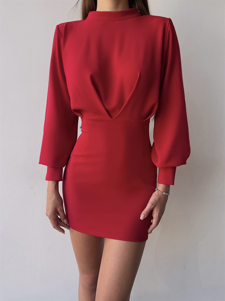 Uzun Balon Kollu Sırtı Derin Dekolteli Arbesa Kadın Kırmızı Mini Elbise 23K000167