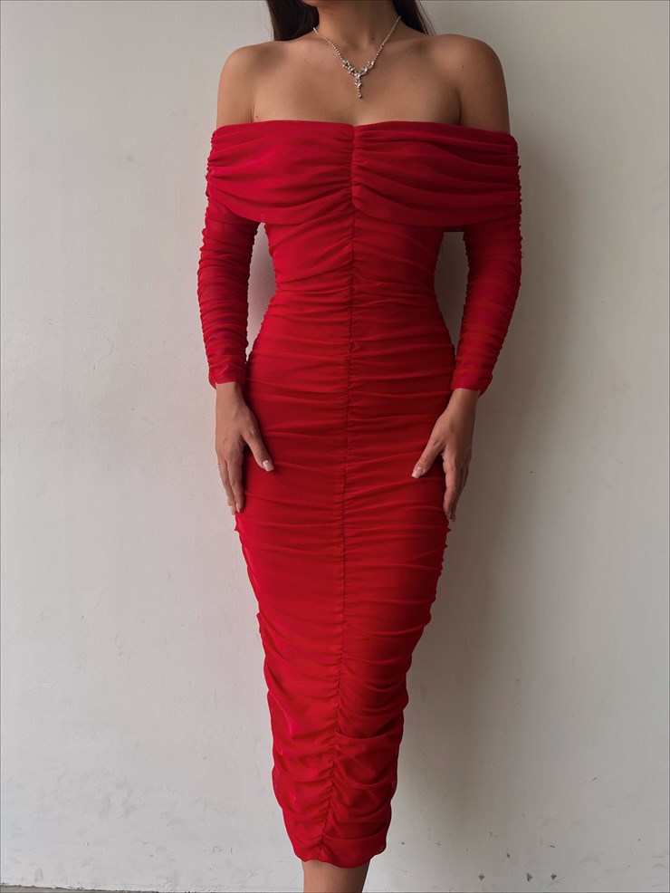 Uzun Tül Kol Düşük Omuz Drapeli Adson Kadın Kırmızı Midi Boy Elbise 23K000121