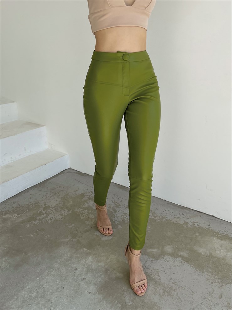 Vegan Deri Önü Düğme Kapamalı Derek Kadın Yeşil Tayt Pantolon 23K000024