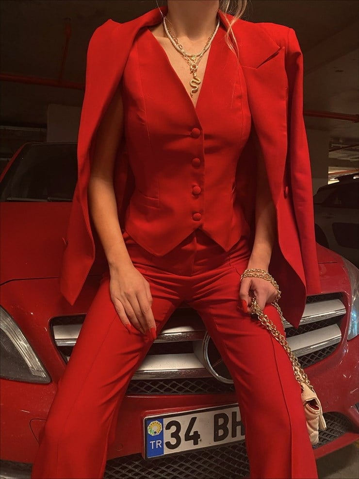 Yelek Ceket Pantolonlu Klasik Celina Kadın Kırmızı Üçlü Takım 22K000357