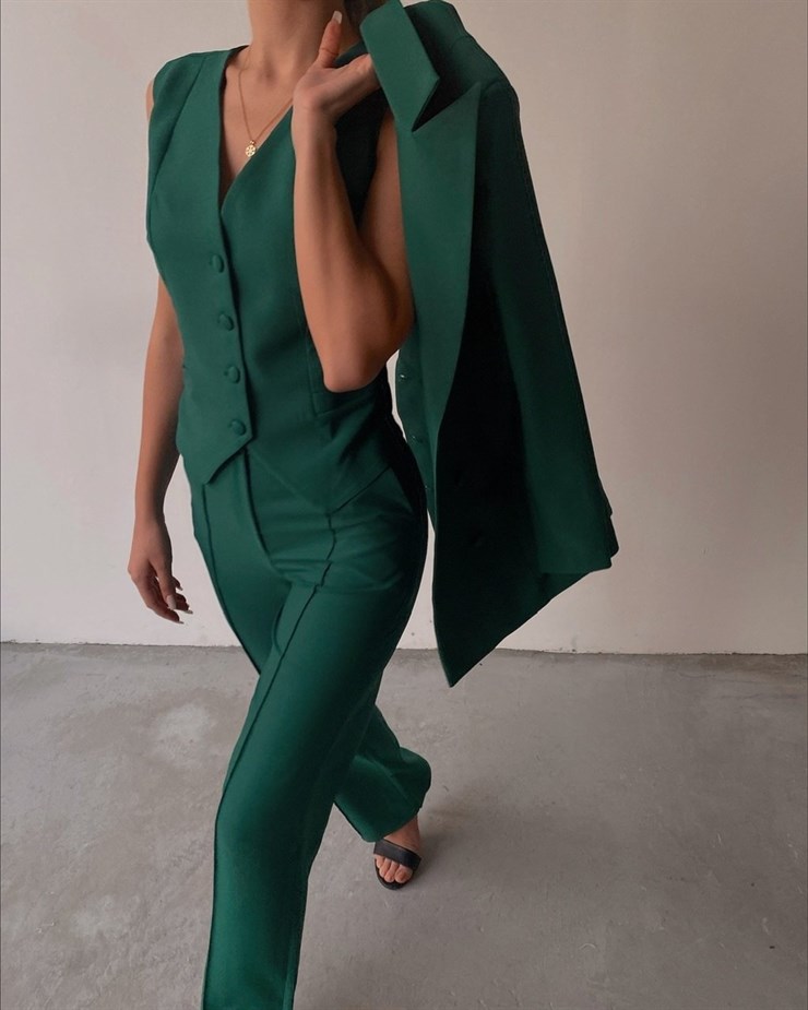 Yelek Ceket Pantolonlu Klasik Celina Kadın Yeşil Üçlü Takım 22K000357
