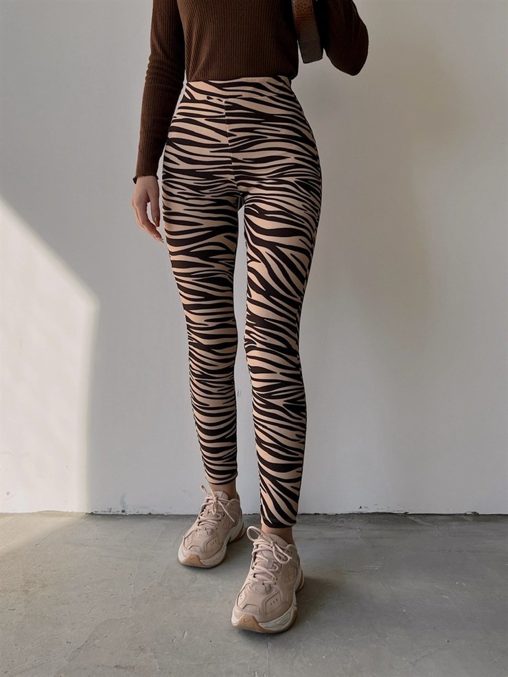 Yüksek Bel Zebra Desen Kadın Kahverengi Tayt 22K000465