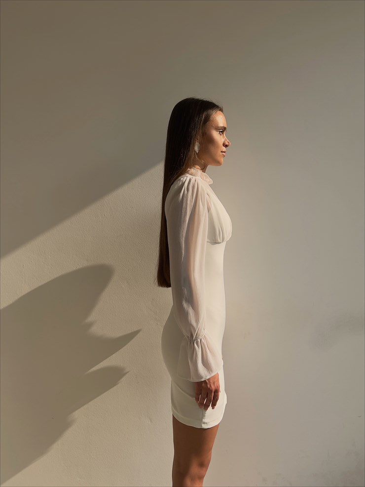 Üst Kısmı Tül Volanlı Kol Mini Gloria Kadın Beyaz Elbise 22K000132