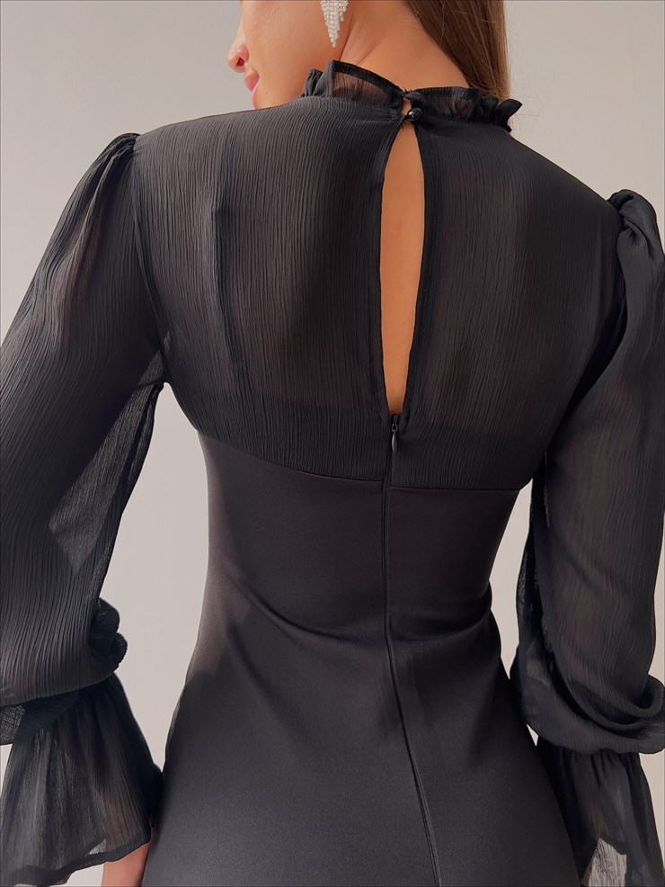Üst Kısmı Tül Volanlı Kol Mini Gloria Kadın Siyah Elbise 22K000132