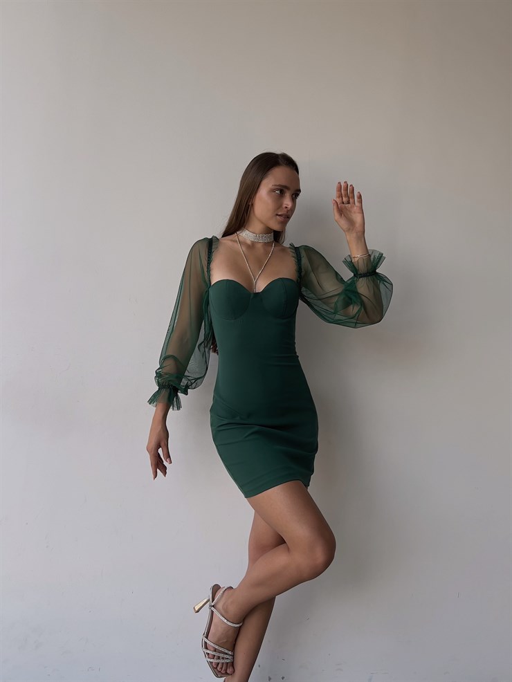 Uzun Tül Lastik Kol Kalp Yaka Göğüs Pedli Ohanna Kadın Yeşil Mini Elbise 23K000041