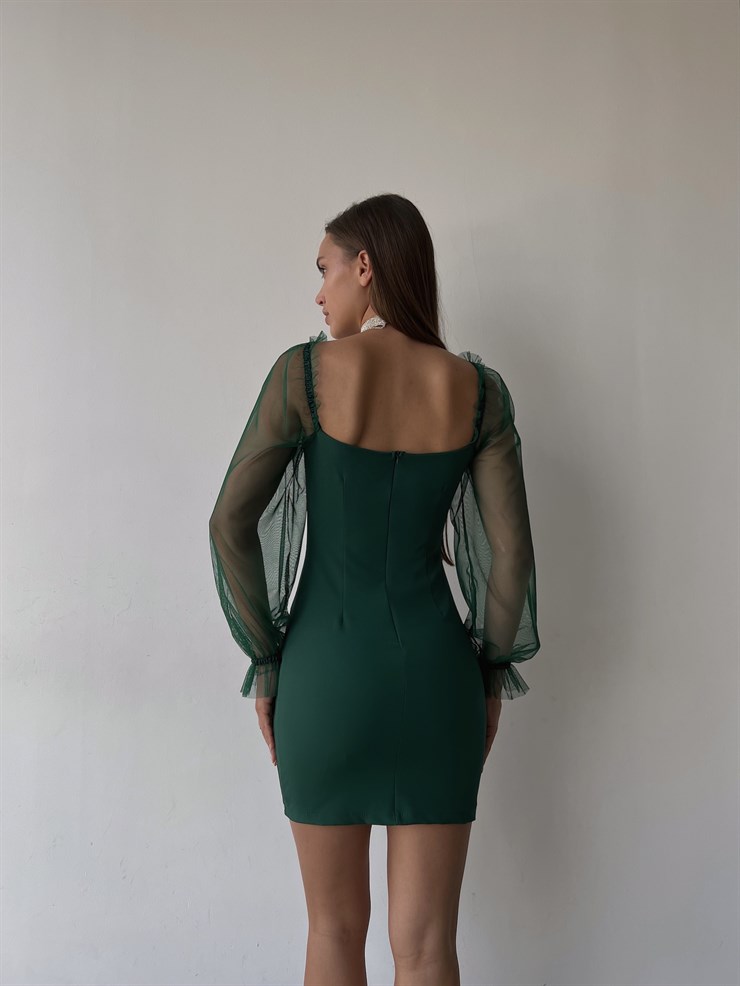 Uzun Tül Lastik Kol Kalp Yaka Göğüs Pedli Ohanna Kadın Yeşil Mini Elbise 23K000041