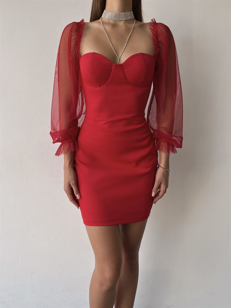 Uzun Tül Lastik Kol Kalp Yaka Göğüs Pedli Ohanna Kadın Kırmızı Mini Elbise 23K000041