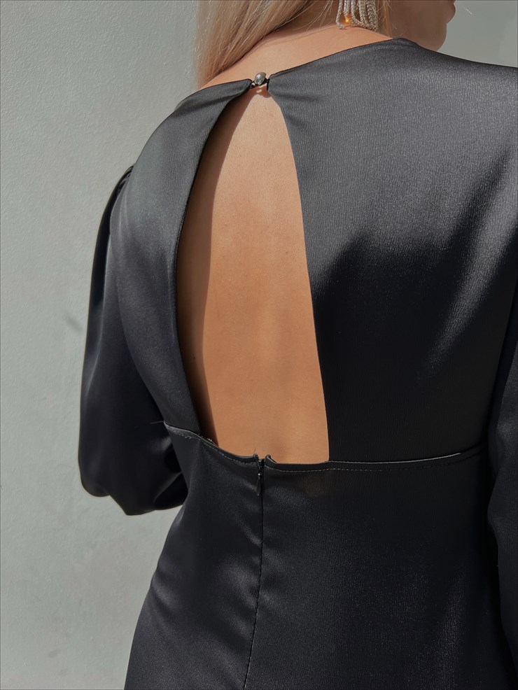 V Yaka Düğme Detay Uzun Kollu Nerolia Kadın Siyah Elbise 23K000089