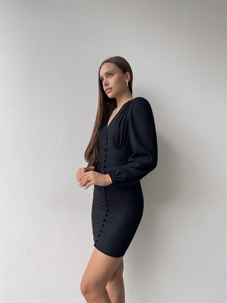 V Yaka Önü Düğme Detaylı Balon Kol Aron Kadın Siyah Mini Elbise 23K000169