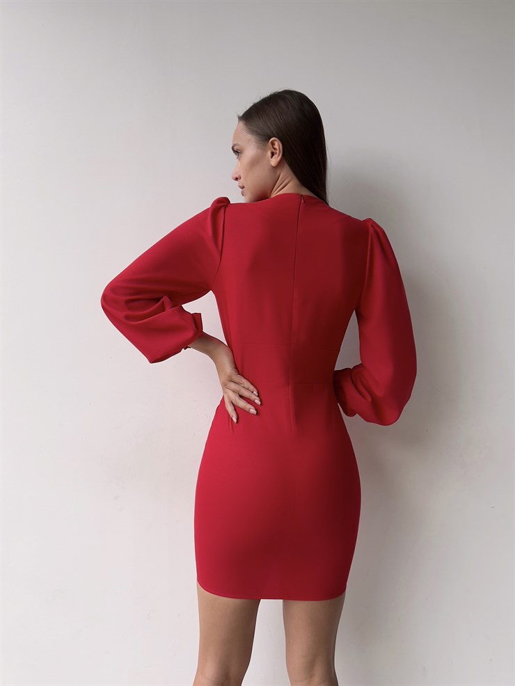 V Yaka Önü Düğme Detaylı Balon Kol Aron Kadın Kırmızı Mini Elbise 23K000169