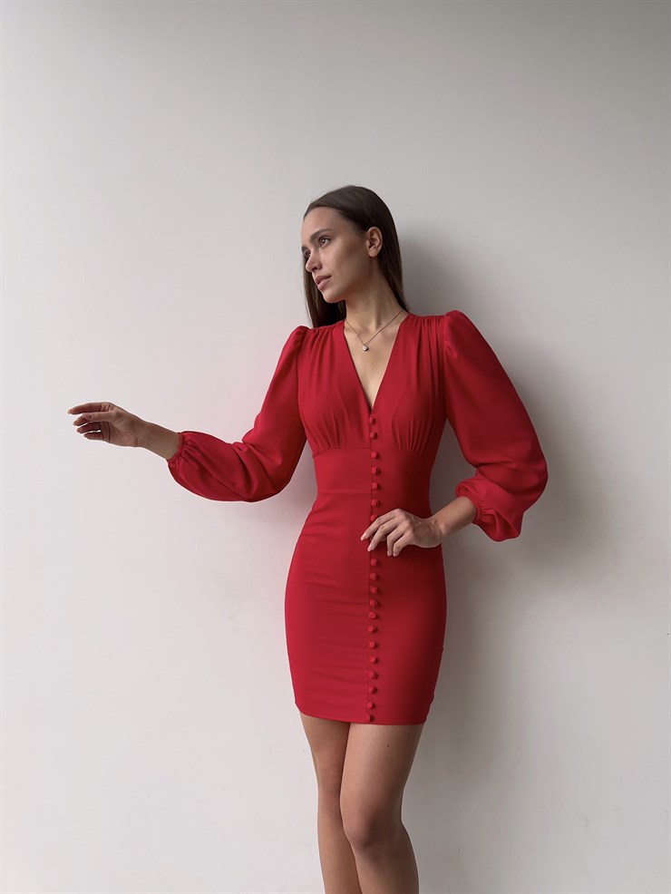 V Yaka Önü Düğme Detaylı Balon Kol Aron Kadın Kırmızı Mini Elbise 23K000169