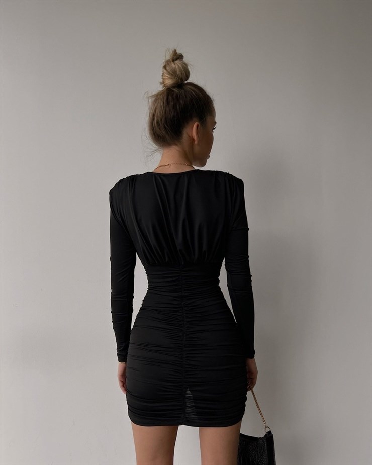 Vatkalı Kruvaze Yaka Eteği Volanlı Olivier Kadın Siyah Elbise 22K000429