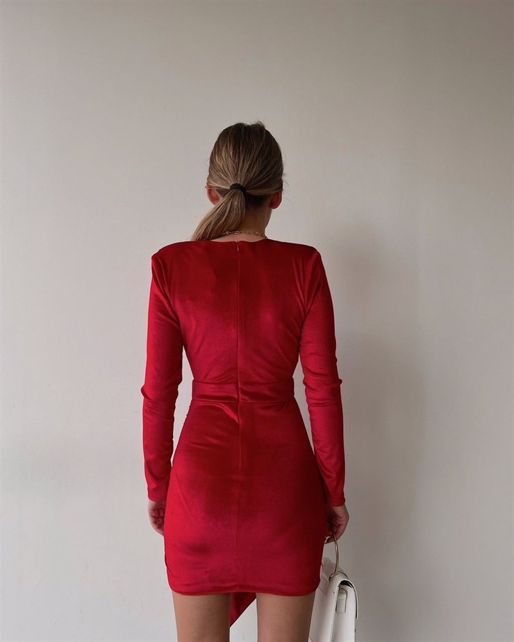 Vatkalı Kruvaze Yaka Kuşaklı Darrell Kadın Kırmızı Kadife Elbise 22K000428