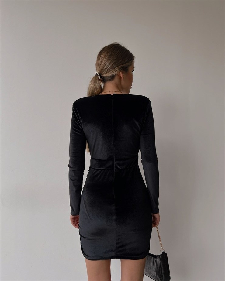 Vatkalı Kruvaze Yaka Kuşaklı Darrell Kadın Siyah Kadife Elbise 22K000428