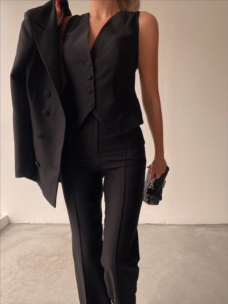 Yelek Ceket Pantolonlu Klasik Celina Kadın Siyah Üçlü Takım 22K000357