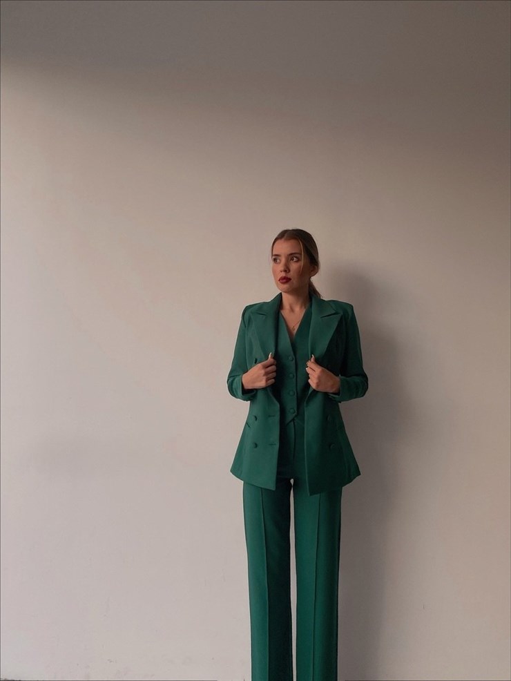 Yelek Ceket Pantolonlu Klasik Celina Kadın Yeşil Üçlü Takım 22K000357